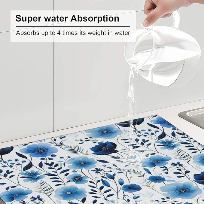 Blue White Floral Watercolor Dish Drying Mats, Absorbent Boho Blue Decorative Kitchen Counter Mat, 16" x 18", Polyester, Absorption, Foldable, for Kitchen Dishes Drainers, Small Appliances, Home Decor
