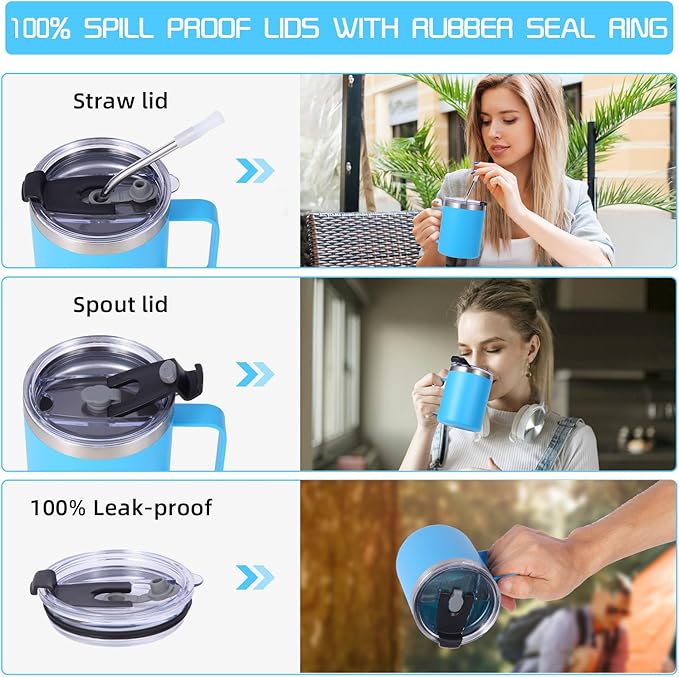 Volhoply 12oz Insulated Leakproof Coffee Mug with Flip & Straw Lid Bulk 2 Pack,Double Wall Vacuum Stainless Steel Travel Tumbler Cup with Handle,Reusable Camping Mugs Keep Cold/Hot(Blue,2 Set)