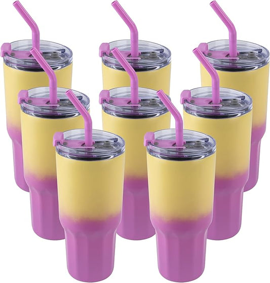 VEGOND 30 oz Insulated Stainless Steel Tumblers with lid and straw Bulk Pack Coffee Mug with Non-Slip Silicone Base, Sweat Proof Powder Coated Cup for Hot Cold Drinks, Pink and Yellow 8Pack