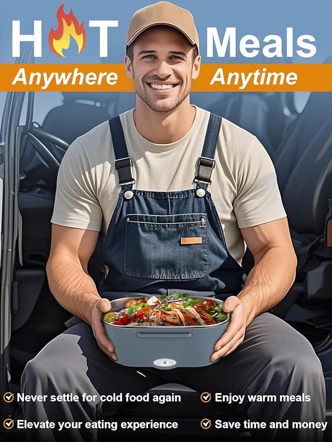 80W Electric Lunch Box for Adults, 1.5L Stainless Steel Food Warmer Lunch Box, 12V/24V/110V Portable Heated Lunch Box for Car/Truck/Office, Leak-Proof, Dishwasher-Safe with Insulated Bag(Blue)