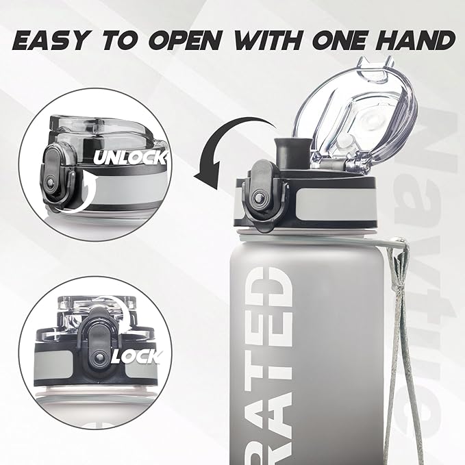 Water Bottle with Carrier Bag, 32 oz Sports Water Bottles with Time Marker Wide Mouth, Motivational and Leakproof Drink Bottle, BPA Free Tritan with Carry Strap for Gym Fitness Outdoor