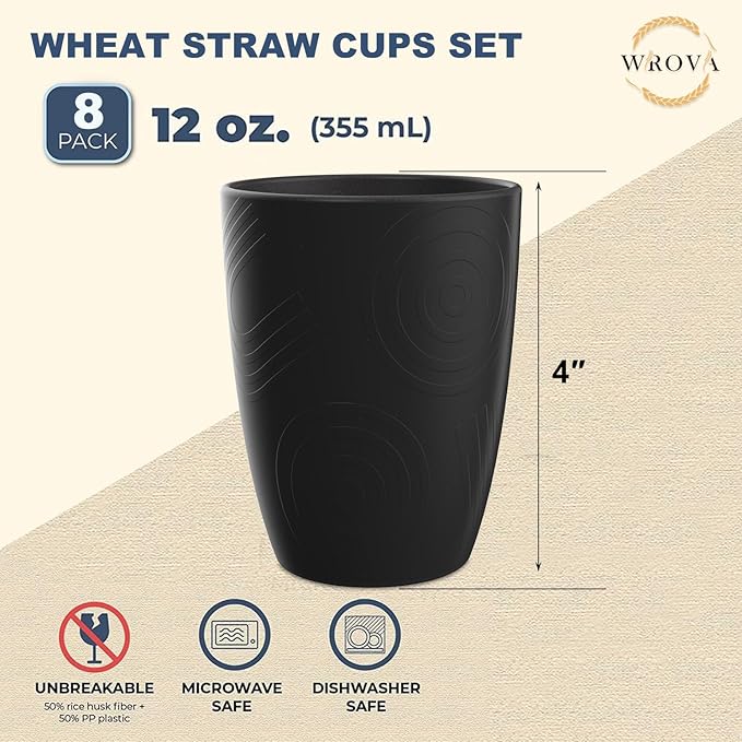 Wrova Wheat Straw Cups 8 PCS Good Alternative to Plastic Cups 12 oz Unbreakable Drinking Cup Reusable Dishwasher Safe Water Plastic Glasses Kids Tumbler with 4 Colors