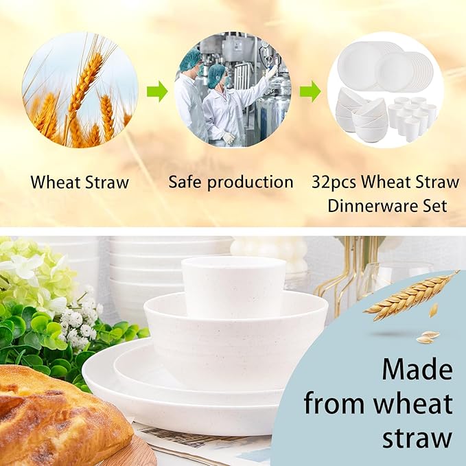 Supernal 32pcs Wheat Straw Dinnerware Sets, White Dishes for 8, Plates and Bowls Sets, Reusable Plastic Plates, Microwave Dishwasher Safe, White Plastic Dinnerware Set