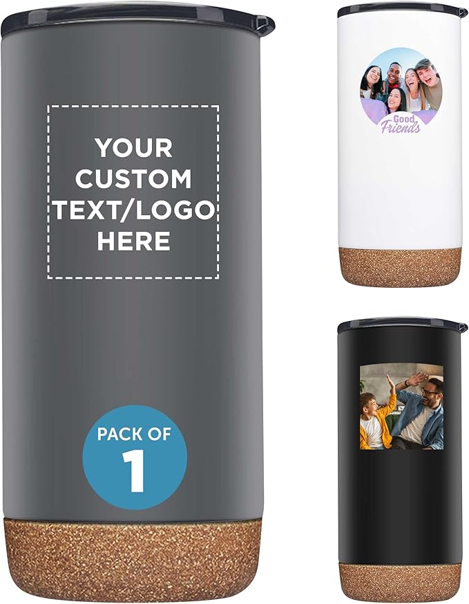 DISCOUNT PROMOS Custom Travel Tumblers with Cork Bottom 16 oz. Set of 1, Personalized Bulk Pack - Double Wall Insulated, Matte Finish, Perfect for Iced Coffee, Soda, Other Beverages - Grey