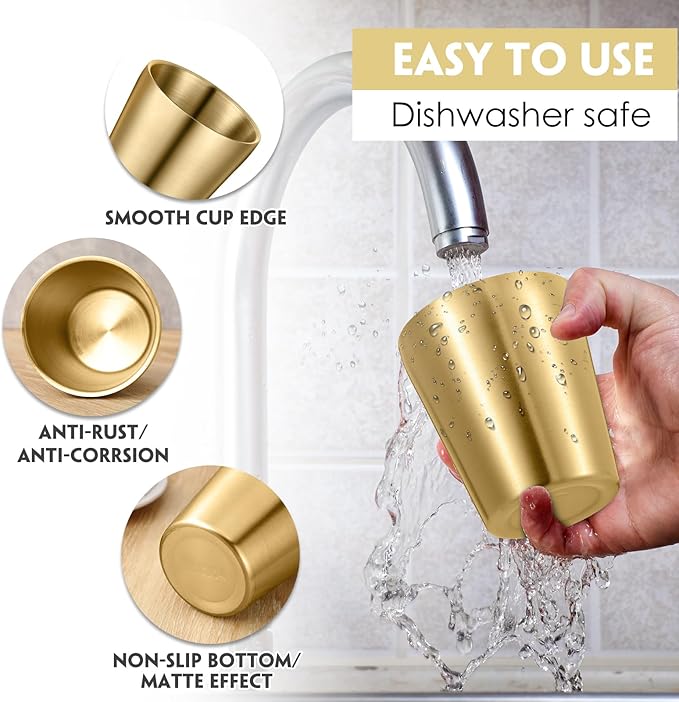 8 Pack Stainless Steel Insulated Cup Metal Tumbler Double Wall Vacuum Water Glasses Camping Reusable Mugs Bbq Home Office Party Coffee (Gold,10 oz)