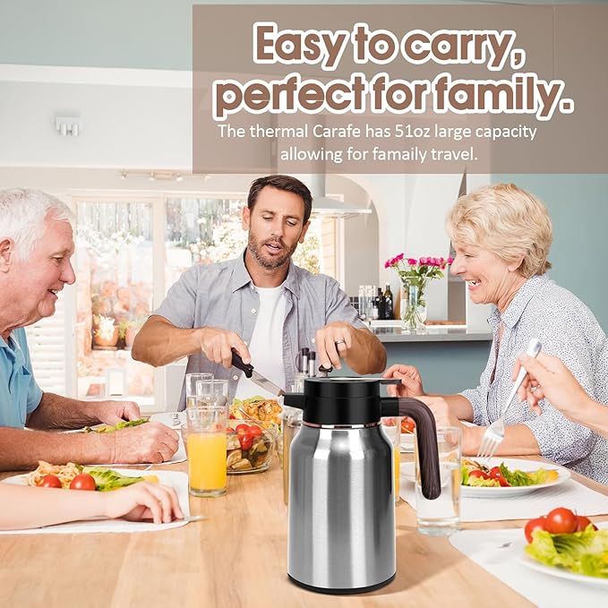 51oz Thermal Coffee Carafe, Stainless Steel Carafes for Hot Liquids 12 Hours, Insulated Coffee Carafes For Keeping Hot Coffee, Hot Water, Tea, Hot Beverage (Silver)