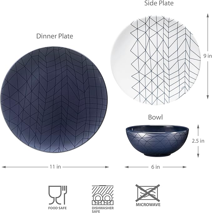 bzyoo 12 Piece Melamine Dinnerware Set - Durable, Dishwasher Safe Plates and Bowls - Dinning, Parties, Camping Dish Set Spidy Blue Collection