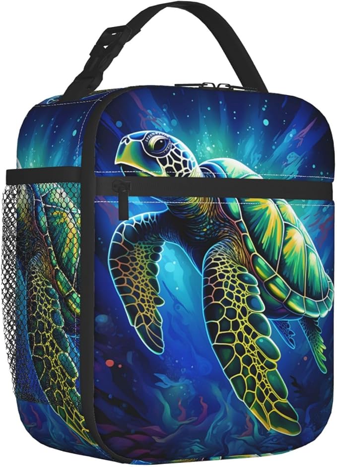 Reusable Sea Turtle Lunch Box for Kids, Insulated Shell Colorful Waves Ocean Bag,Polyester Cooler Turtles Lovers Handbags Case for School Picnic Work Travel Beach or Hiking, Gifts