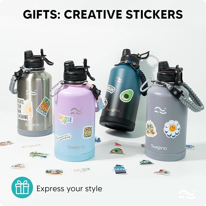 [2-IN-1 LID] 64 oz Insulated Water Bottle with Silicone Boot (48hrs Cold/24hrs Hot) - DIY Stickers, Leakproof, BPA Free, Half Gallon