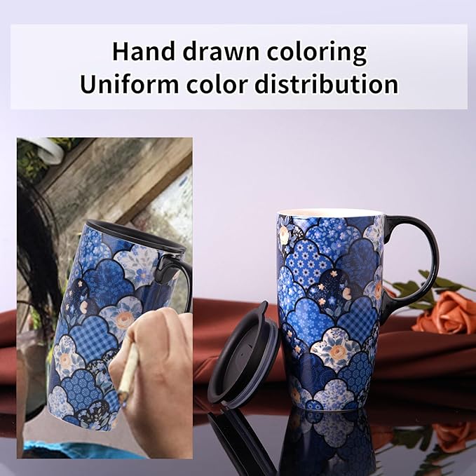 Topadorn Ceramic Mug Coffee Cup with Spill-Proof Lid Latte Mug for Home and Office with Gift Box,Blue