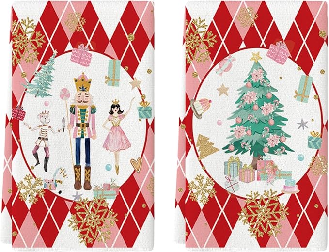 Artoid Mode Red Nutcrackers Tree Christmas Kitchen Towels Dish Towels, 18x26 Inch Gift Box Snowflake Winter Decoration Hand Towels Set of 2