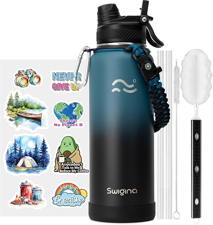 [2-IN-1 LID] Insulated Water Bottle with Silicone Boot (36hrs Cold/18hrs Hot) - DIY Stickers, Leakproof, BPA Free, 40 oz