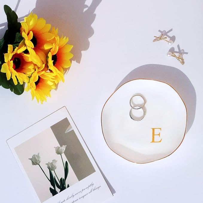 Ceramic Jewelry Tray Initial Ring Dish Personalized E-Monogrammed Engagement Wedding Gifts, for Birthday Mother's Day Christmas for Women, Ceramic White 4.75" (E)