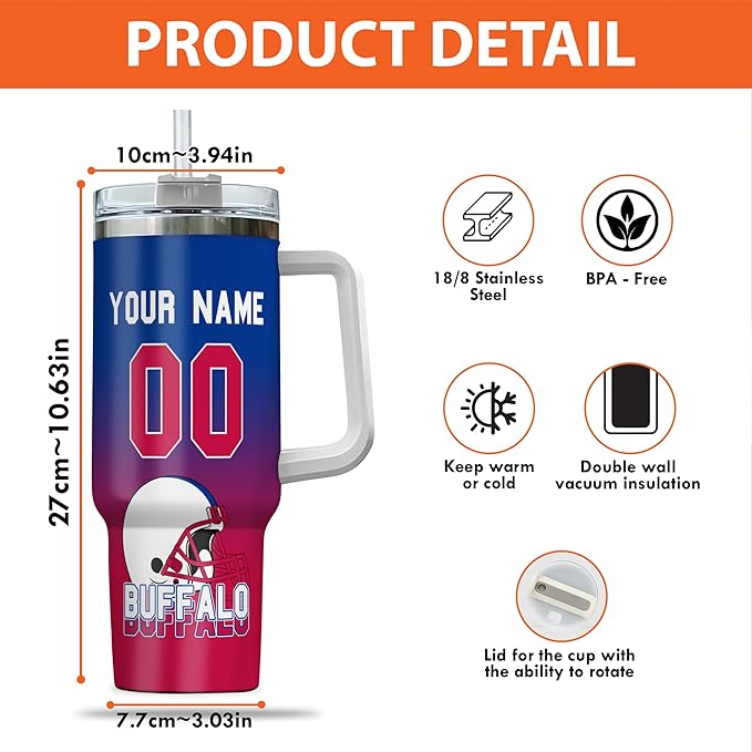 Personalized 40oz Football Stainless Steel Tumbler with Handle & Straw, Custom Insulated Travel Mug, Add Name & Number Cup, Tailgating Gift for Fans (Buffalo Colors)