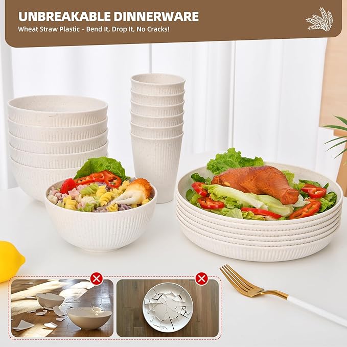 18 pcs Wheat Straw Dinnerware Sets for 6 - Lightweight & Unbreakable Cups Plates and Bowls Sets Microwave Dinnerware Set for Kitchen, Travel & Camping Beige
