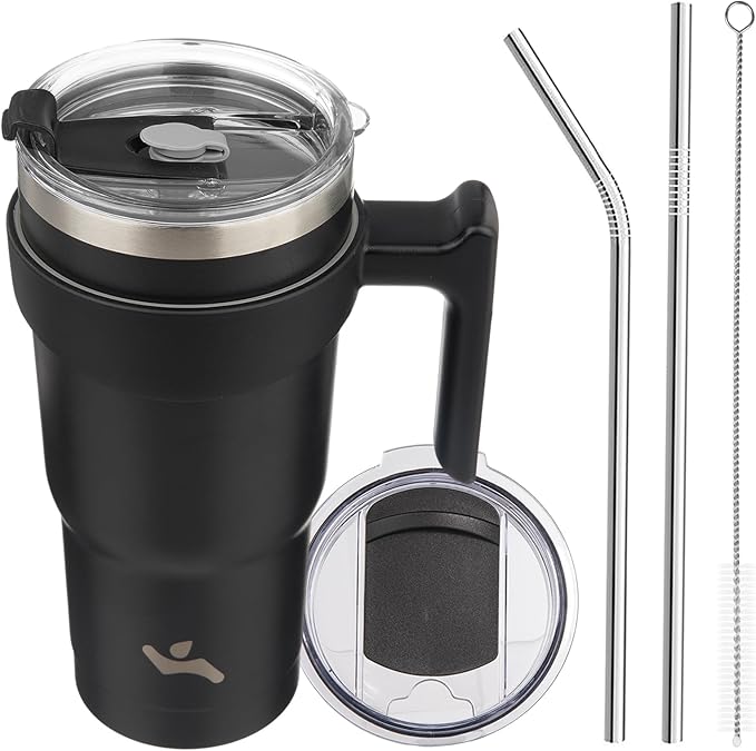 20 oz Tumbler with Handle and 2 Straw 2 Lid, Insulated Water Bottle Stainless Steel Vacuum Cup Reusable Travel Mug,Black