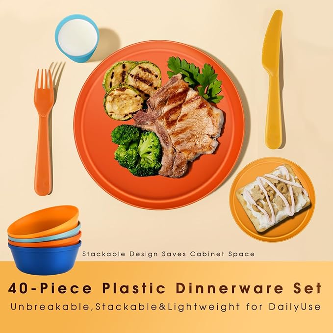 40-Piece Unbreakable Kids Dinnerware Set for Toddlers & Children, BPA-Free & Easy-Clean PP Plates and Bowls, Microwave & Dishwasher Safe, Complete Family Pack (Service for 8)