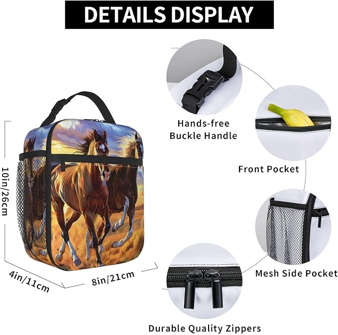 Running Horse Lunch Box for Women Men Boys Kids, Insulated Cooler Beautiful Horse Lunch Bag for School, Picnic, Office, Travel, Work, Portable Reusable Polyester Thermal Tote Lunch Bags