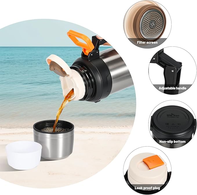 88oz Large Coffee Thermo for Travel, 2500ml Insulated Stainless Steel Water Bottle with Cup and Handle, Water Jug for 24hr Hot and Cold drinks, Vacuum Flask for Camping, Fishing & Working, Silver