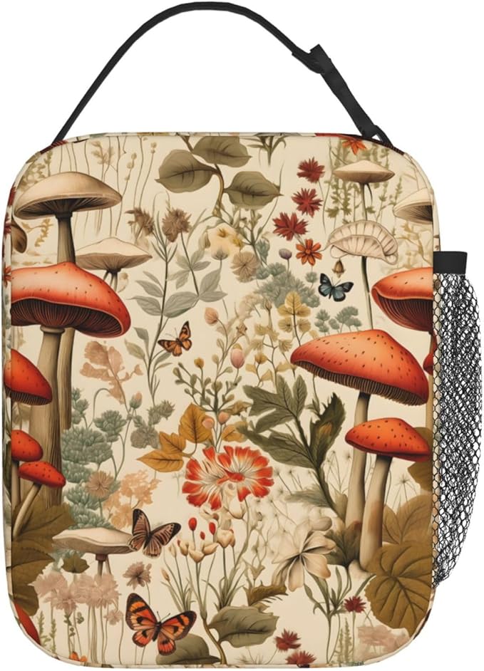 Reusable Mushroom Retro Lunch Box for Kids, Insulated Butterfly Floral Vintage Bag,Polyester Cooler Nature Lovers Handbags Case for School Picnic Work Travel Beach or Hiking, Gifts