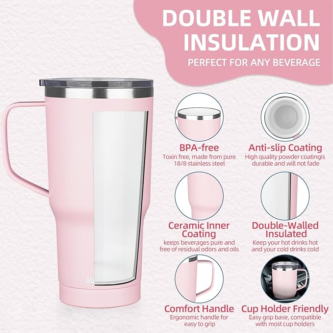 20 oz Insulated Coffee Mug with Ceramic Coating, Stainless Steel Travel Mug Tumbler with Handle Lid and Straw, Double Wall Leak-Proof Coffee Travel Mug Keeps Drink Hot and Cold (Pink)