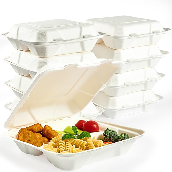 Vplus 100% Compostable Clamshell Take Out Food Containers, 90 PACK 8 inch x 8 inch Eco-Friendly Disposable 3 Compartment, Heavy-Duty Bagasse To-Go Containers for Next Day Lunch, Potluck Party