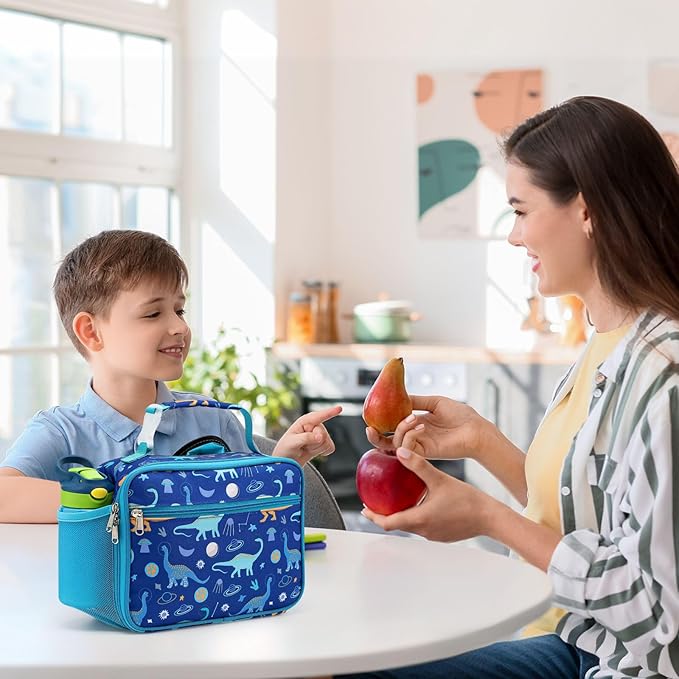 Bagseri Kids Lunch Bag Boys - Insulated Lunch Bag Reusable Leak-Proof Kids Lunch Box for Daycare and School, Blue Space Dinosaur (Water Bottle Not Included)