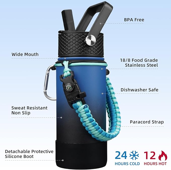 BJPKPK Water Bottle with Straw Lid, 18oz Insulated Water Bottles with 3 Lids, Paracord Handle & Non-slip Boot, Metal Stainless Steel Thermo, BPA Free Leak Proof Tumblers,Blue Black