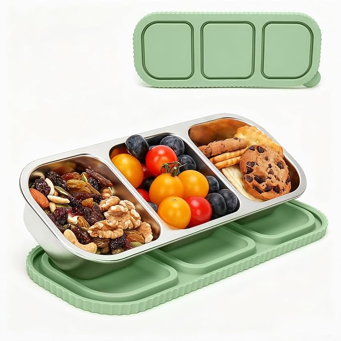 ﻿ 3 Compartment Stainless Steel Snack Containers with Silicone Lids, Reusable Food Storage Containers ，snackle box container for School ，Travel, Outdoor, Camping.