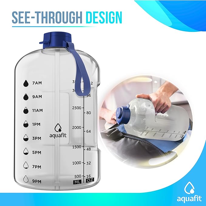 AQUAFIT 1 Gallon Water Bottle with Time Marker - Straw & Chug Lid - BPA Free Gym Water Bottle with Straw - Big Gallon Jug (Clarity, 128 oz - 2 Lids)