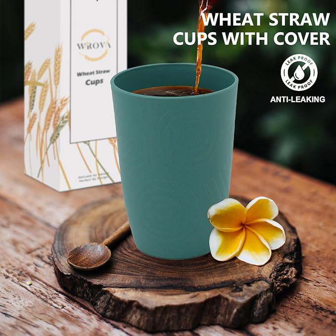 Wrova Wheat Straw Cups with Silicone Covers 16oz Set of 6 - Alternative Plastic Cups Microwave & Dishwasher Safe - Plastic Drinking Cups Unbreakable for Kids