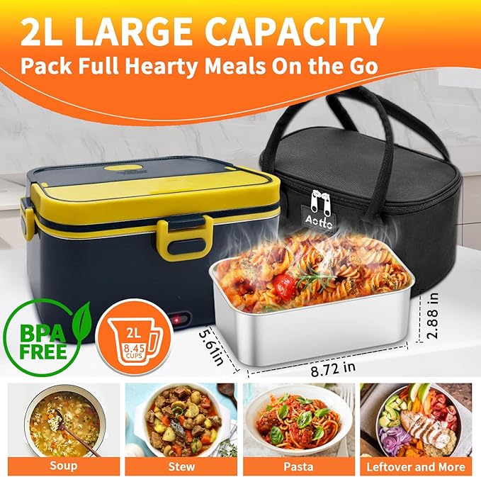 Aotto Electric Lunch Box 2L, 90W Fast Heating (12V/24V/110V) Heated Portable Food Warmer for Car/Truck/Office – Stainless Steel Container, Insulated Carry Bag – Ideal for Adults, Men, Women, Blue