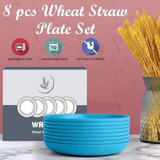 Wrova Wheat Straw Plates 10 Inch - Unbreakable Dinner Plate Set of 8 - Dishwasher & Microwave Safe Plastic Plates Reusable - Lightweight Deep Plate for Kitchen,Outdoor,Dorm (Blue)