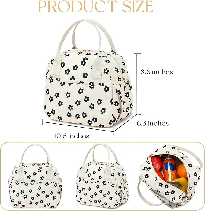 CAMTOP Lunch Box for Women Men Insulated Lunch Bag Lunch Tote Bag Leakproof Thermal Cooler Large Capacity for Travel Work School Picnic (Black Flower)