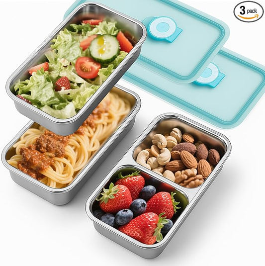 3Pcs Stainless Steel Snack Containers - Reusable Double Compartment Condiment Box with Lids for Kids Adults, Grab and Go Divided Snack Food Lunch Storage Containers Sauce Cups for School, Travel