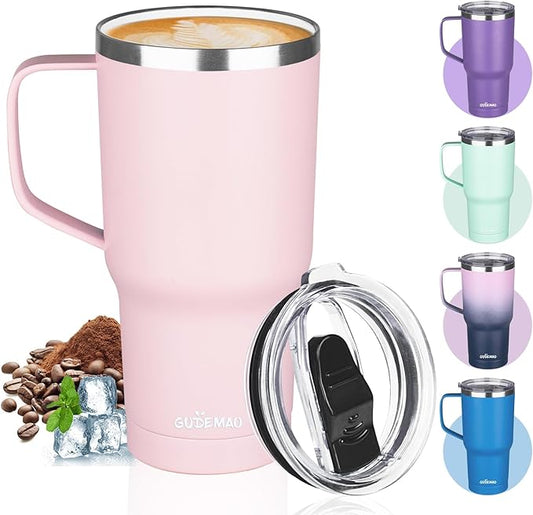 20 oz Insulated Coffee Mug with Ceramic Coating, Stainless Steel Travel Mug Tumbler with Handle Lid and Straw, Double Wall Leak-Proof Coffee Travel Mug Keeps Drink Hot and Cold (Pink)
