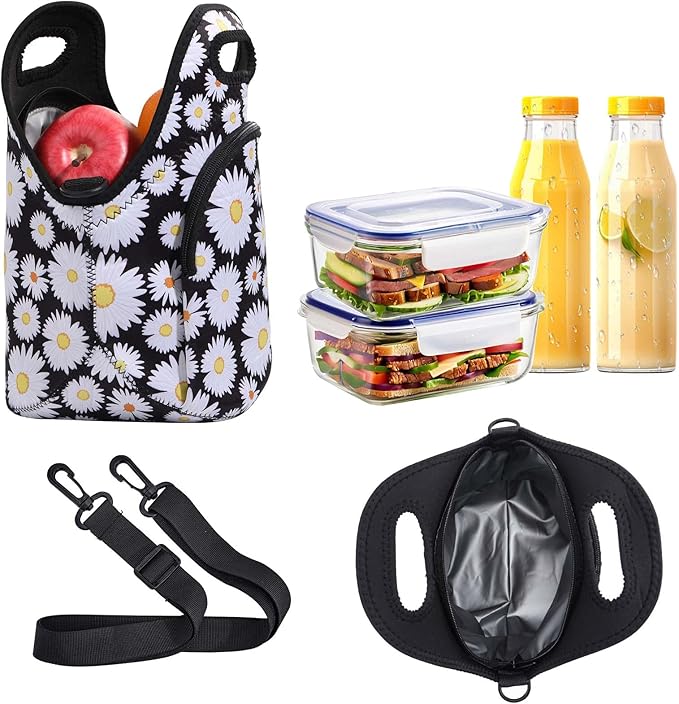 CILLA Neoprene Lunch Bag for Women Insulated Lunch Tote Bags Washable Lunch Container Box Picnic Lightweight Meal Prep Bags(White daisy+)