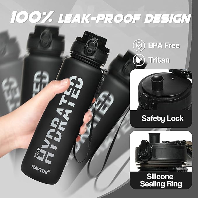 Water Bottle, 32oz Sports Water Bottles with Time Marker Wide Mouth, Motivational and Leakproof Drink Bottle, BPA Free Tritan with Carry Strap for Gym Fitness Outdoor (Direct Drink 1 Bottle)