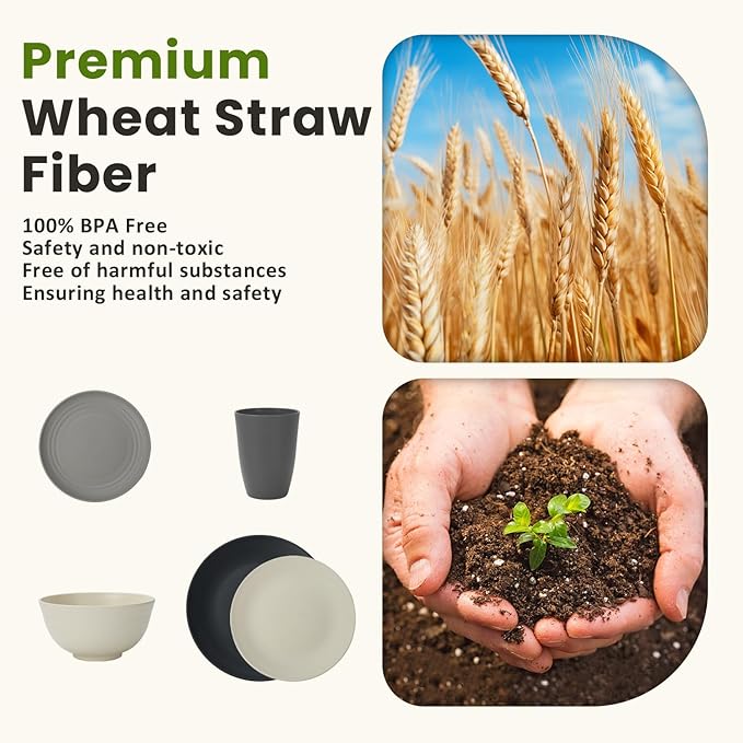 Homienly Kitchen Wheat Straw Dinnerware Set 40 PCS - Dinner Plates, Cereal Bowls, Wheat Straw Cups Set, Microwave and Dishwasher Safe Dishes Set, Unbreakable Dish Set for Party, Outdoor(Grey Stone)