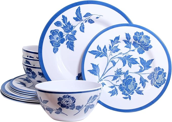 Melamine Dinnerware Set 12-Piece for 4 Dish Set Plates Bowls Unbreakable Dishware for Indoor Outdoor Use Lightweight Durable for Camping Picnics Parties light blue
