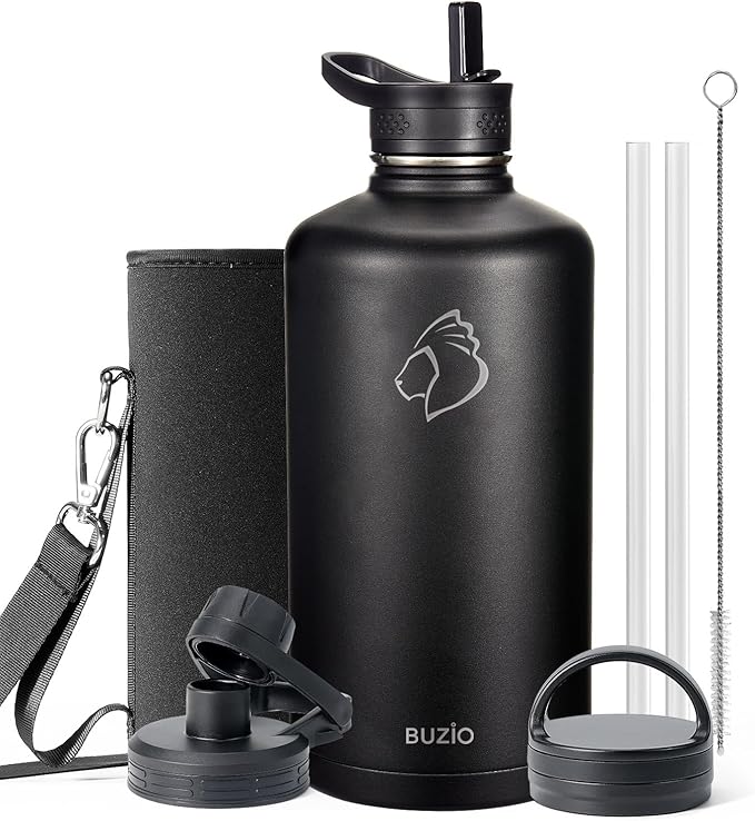 BUZIO Gallon Water Bottle Insulated with straw and 3 lids, 128 oz Water Jug Large Vacuum Stainless Steel Metal Flask, Leak Proof & BPA-Free, Cold for 48 Hrs, Black