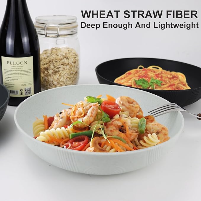 PYRMONT Wheat Straw Salad Bowls - 65oz Large Pasta Bowls - 10 Inches Serving Bowl Set of 6 - Wide and Shallow Bowl for Kitchen - Dishwasher Safe - Black to Grey