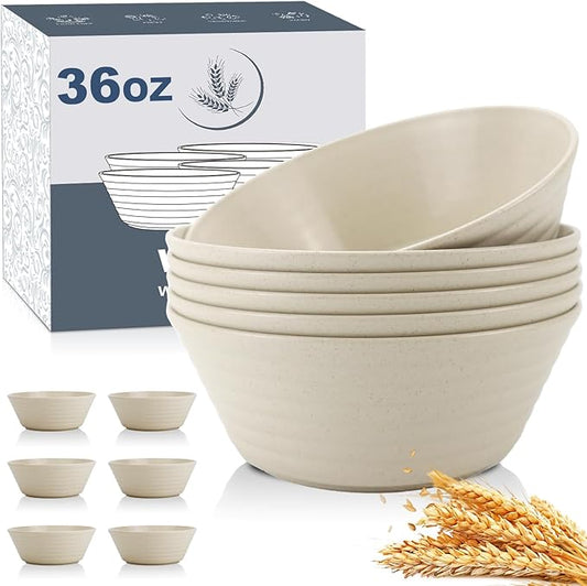 Wrova Wheat Straw Bowl Sets,6 PCS Unbreakable Cereal Bowl 36 OZ,Microwave and Dishwasher Safe Bowls,Soup Bowl Sets for Serving Soup,Oatmeal and Salad （Beige）