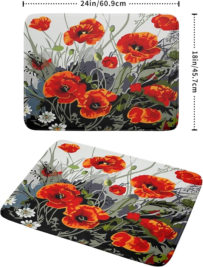Poppy Dish Drying Mat 18x24 inch for Kitchen Vintage Red Orange Floral Dish Drying Pad Oil Painting Flower Dish Drainer Mats Absorbent Microfiber Protector for Countertop Coffee Bar