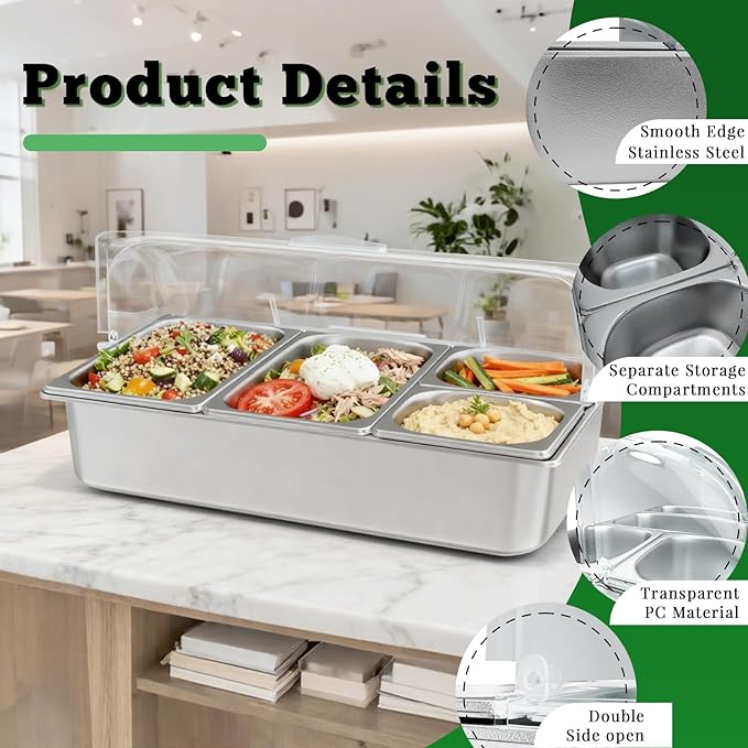 Stainless Steel Countertop Food Serving Display Container with Clear Roll Top Cover - Ice Food Serving Tray for Buffet, Restaurant, Kitchen, or Party(6 Pans 2 Sizes)