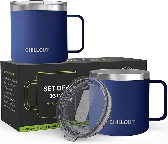 CHILLOUT LIFE 16 oz (Set of 2) Stainless Steel Vacuum Insulated Coffee Mug with Handle and Lid, Large Thermal Camping Coffee Mugs with Sliding Lid for Men & Women