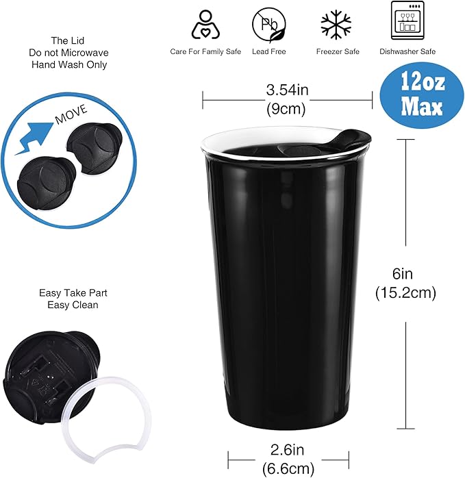 Ceramic Travel Mug, 12oz Unique To Go Coffee Mugs with Splash Resistant Lid and Color Box, Reusable Double Wall Black Mug Porcelain Coffee Cup, Gifts for Women Men Her Him, Black