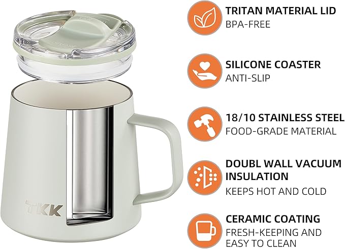 TKK 12 oz Insulated Coffee Mug with Handle Ceramic Coating Detachable Slider Lid Stainless Steel Tumbler Double Wall Vacuum Travel Cup