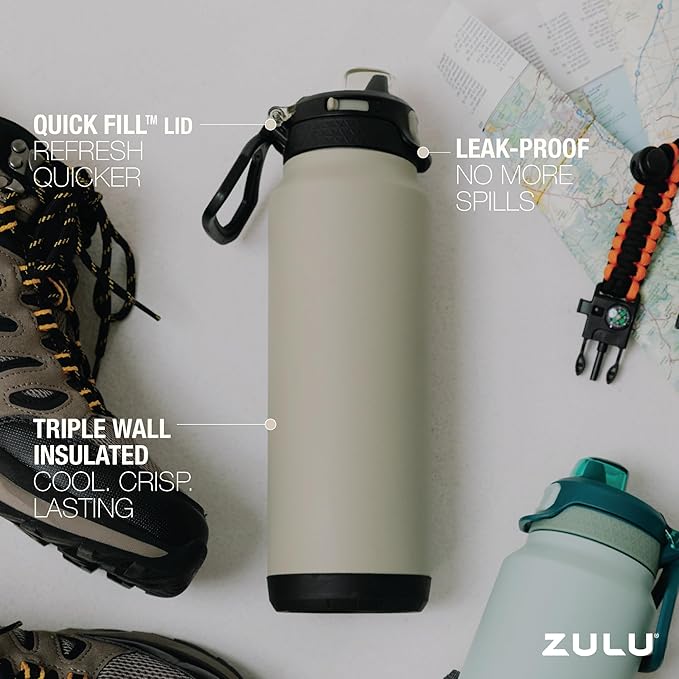 ZULU Powerfill Pro 24oz Stainless Steel Water Bottle with Quick Fill Lid, Triple Walled Vacuum Insulated Metal, Leak Proof Locking Lid, Sip and Chug, Reusable BPA Free, Ash