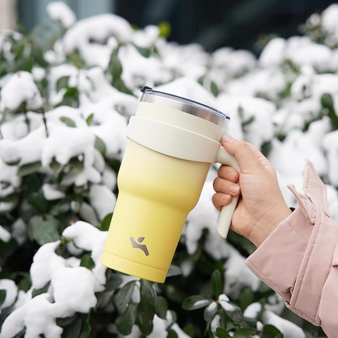 40 oz Tumbler with Handle and 2 Straw 2 Lid, Insulated Water Bottle Stainless Steel Vacuum Cup Reusable Travel Mug,Lemon